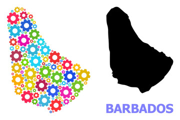 Vector mosaic map of Barbados done for mechanics. Mosaic map of Barbados is designed from randomized bright wheels. Engineering components in bright colors.