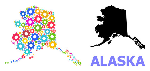 Vector mosaic map of Alaska State constructed for engineering. Mosaic map of Alaska State is done with random bright wheels. Engineering items in bright colors.
