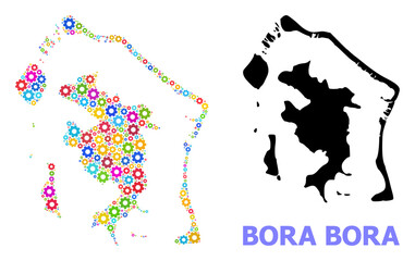 Vector mosaic map of Bora-Bora combined for engineering. Mosaic map of Bora-Bora is created with scattered bright gears. Engineering items in bright colors.