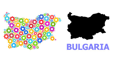 Obraz premium Vector mosaic map of Bulgaria done for engineering. Mosaic map of Bulgaria is constructed of randomized colored wheels. Engineering items in bright colors.