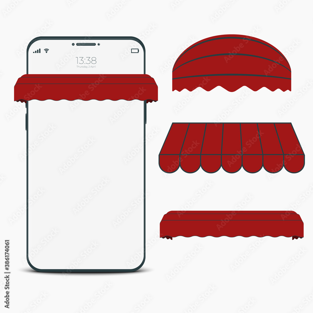 Poster mobile mockup template with roof set. online shopping with mobile application technology.