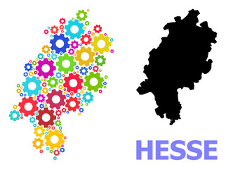 Vector mosaic map of Hesse State combined for services. Mosaic map of Hesse State is constructed of randomized bright cogs. Engineering components in bright colors.