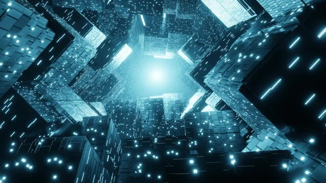 Abstract creative sci-fi background. 4K seamless loop flying through rotation building animation. Futuristic technology background.