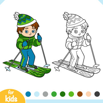 Coloring Book For Kids, Boy Skiing