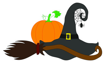 Orange pumpkin, witch hat and broom for Halloween. The main symbols of the Happy Halloween holiday: a pumpkin, a witch's hat (there is a spiderweb with a spider), a witch's broom. Vector illustration.