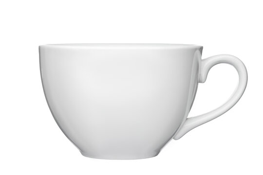 White ceramic tea cup with a minimalistic classic design and a round shape, tableware object isolated on a white background, nobody.