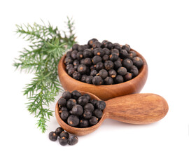 Dry juniper berries with a green branch, isolated on white background. Common Juniper fruits in wooden bowl and spoon.