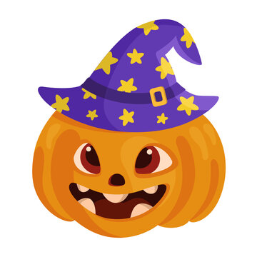 Happy and cheerful cartoon Halloween pumpkin in whitch's hat. Cute and funny character for Halloween postcard, print, label,  sticker background decoration. 