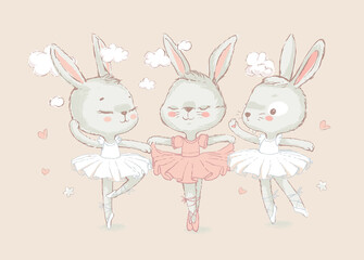 3 Sweet ballerina bunnys illustration vector for print design and other uses. White dancing rabbits illuatration. Can be used for t-shirt print, kids wear fashion design, baby shower invitation card.