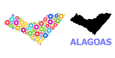Vector mosaic map of Alagoas State done for mechanics. Mosaic map of Alagoas State is done with randomized colorful cogs. Engineering items in bright colors.
