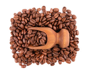 Coffee beans isolated on white background. Roasted arabica coffee beans in wooden scoop. Top view.