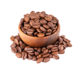 Coffee beans in wooden bowl isolated on white background. Roasted arabica coffee beans.