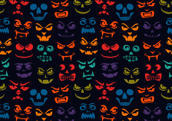Funny monsters pattern. Halloween holiday character silhouettes background. Vampires, skeletons, demons stencil