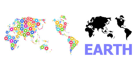 Vector collage map of Earth designed for engineering. Mosaic map of Earth is created of randomized bright wheels. Engineering components in bright colors.