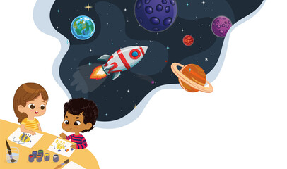 Cute preschool kids draw planets and imagine theirself trevel on the rocket. Space, rockers stars, galaxy, and planets in the background. Kids Imagination and exploration concept