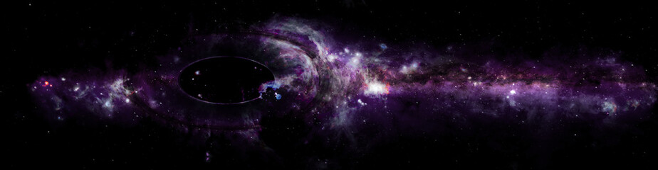 Abstract space panoramic wallpaper. Black hole with nebula over colorful stars and cloud fields in...