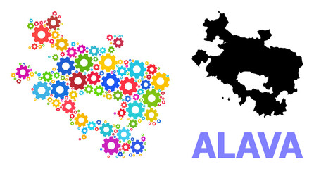 Vector collage map of Alava Province done for engineering. Mosaic map of Alava Province is constructed of randomized colored wheels. Engineering items in bright colors.