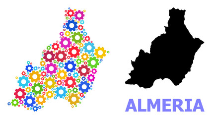 Obraz premium Vector mosaic map of Almeria Province organized for engineering. Mosaic map of Almeria Province is made from randomized multi-colored cogs. Engineering components in bright colors.
