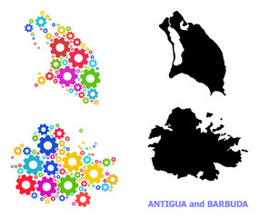 Obraz premium Vector collage map of Antigua and Barbuda organized for engineering. Mosaic map of Antigua and Barbuda is organized of randomized colorful gears. Engineering items in bright colors.