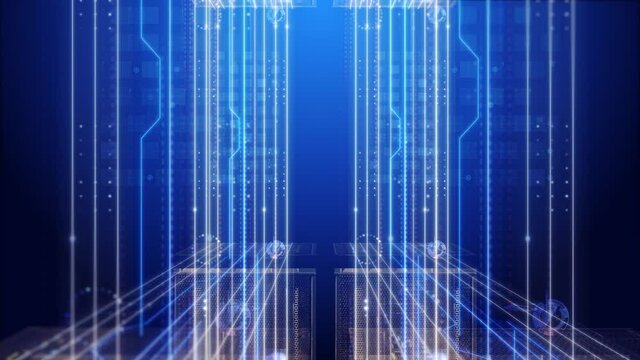 Digital server room data center. Technology base abstract. Computer networks. Digital storage and cloud. network connections. Virtual reality. Internet background Tilt 4K