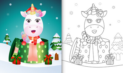 coloring book with a cute unicorn christmas characters using santa hat and scarf in the gift box