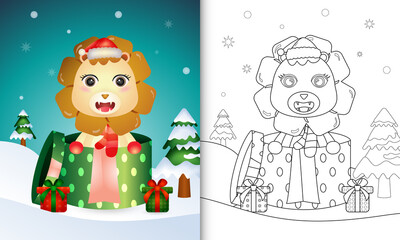 coloring book with a cute lion christmas characters using santa hat and scarf in the gift box