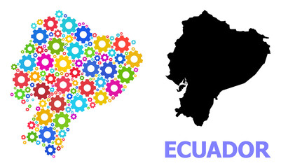 Vector mosaic map of Ecuador designed for engineering. Mosaic map of Ecuador is made from randomized bright cogs. Engineering components in bright colors.