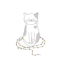 Christmas cat.  Merry Christmas. Cat on an isolated white background. The kitten is entangled in the garlands