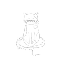 Merry Christmas. Cat on an isolated white background. Doodle. Coloring book for children and adults. The kitten is entangled in the garlands. Cute cat with deer horns.