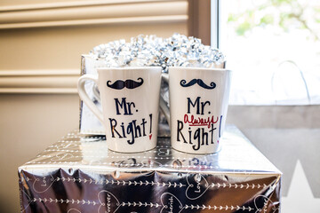 two mugs for gay wedding with Mr. Right words painted 