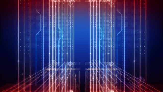 Digital server room data center. Technology base abstract. Computer networks. Digital storage and cloud. network connections. Virtual reality. Internet background Tilt 4K