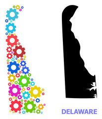 Vector composition map of Delaware State organized for engineering. Mosaic map of Delaware State is done of random colorful cogs. Engineering components in bright colors.