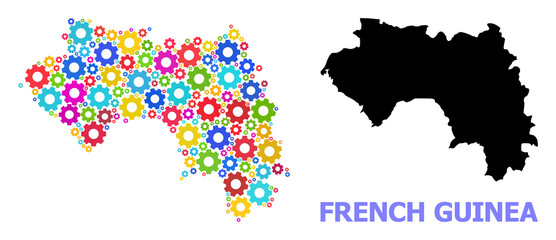 Vector mosaic map of French Guinea combined for services. Mosaic map of French Guinea is formed with random multi-colored gear wheels. Engineering components in bright colors.