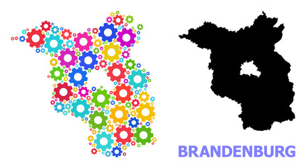 Obraz premium Vector mosaic map of Brandenburg State designed for mechanics. Mosaic map of Brandenburg State is constructed from randomized bright gears. Engineering components in bright colors.