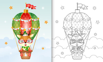 coloring book with a cute deer christmas characters on hot air balloon with hat and scarf