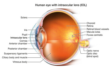 Human eye with intraocular lens (IOL), anatomy, medically 3D illustration - obrazy, fototapety, plakaty
