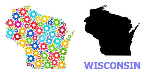 Vector mosaic map of Wisconsin State constructed for mechanics. Mosaic map of Wisconsin State is formed from randomized bright gear wheels. Engineering items in bright colors.