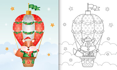 coloring book with a cute fox christmas characters on hot air balloon with a santa hat, jacket and scarf