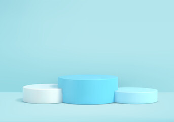 Cylinder abstract minimal scene with geometric platform. Summer background vector 3d rendering with podium. stand to show cosmetic products. Stage Showcase on pedestal modern 3d studio blue pastel