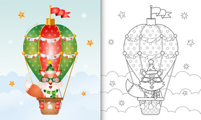 coloring book with a cute fox christmas characters on hot air balloon with hat and scarf