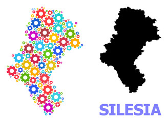 Vector mosaic map of Silesia Province done for services. Mosaic map of Silesia Province is composed from randomized bright gears. Engineering items in bright colors. - obrazy, fototapety, plakaty