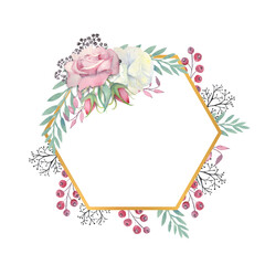 White and pink roses flowers, green leaves, berries in a gold polygonal frame. Watercolor illustration