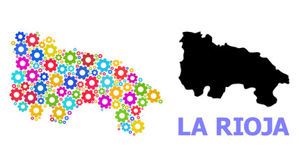 Vector mosaic map of La Rioja Spanish Province designed for engineering. Mosaic map of La Rioja Spanish Province is composed from randomized bright gear wheels.