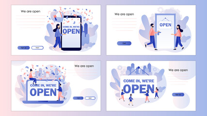 Come in we are Open - big sign. We are working again after quarantine. Reopening. Screen template for mobile smart phone, landing page, template, ui, web, mobile app, poster, banner, flyer. Vector