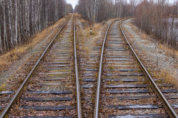 Fototapeta na wymiar The old railway. Two ways. One path is straight, the other turns right.