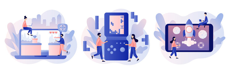 Retro game app. Tiny people playing video game, tetris, classic platformer using laptop, smarthphone and tablets. Modern flat cartoon style. Vector illustration on white background
