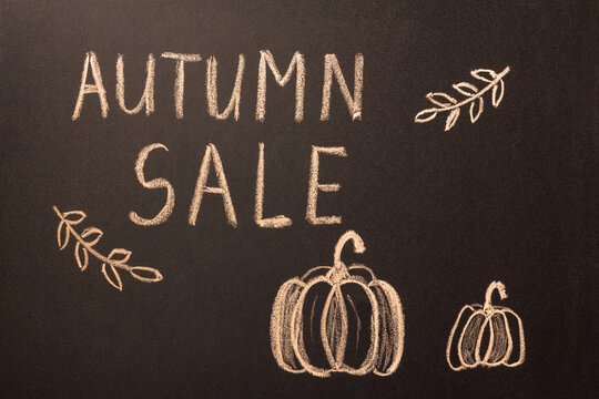 Text Autumn Sale written on black chalkboard and pictogram of pumpkin.
