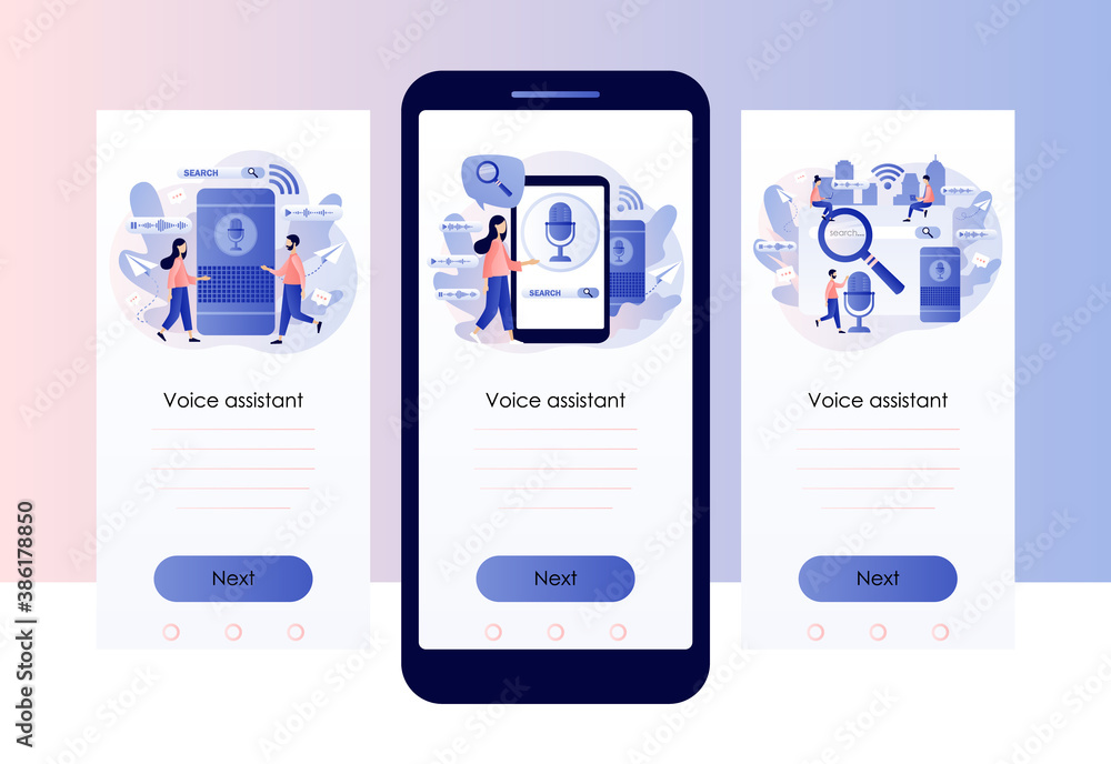 Aufkleber voice assistant and search concept. tiny people user with voice controlled smart speaker. screen tem