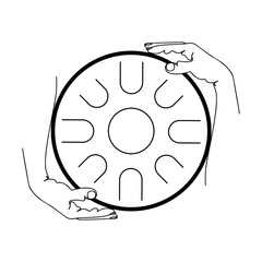 Hands hold a round musical instrument - glucophone. Silhouette of a metal drum. Abstract minimalistic sketch in black continuous lines. Great for postcard, textiles, logo, icon, avatar. - 386178837