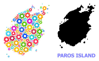 Obraz premium Vector composition map of Paros Island constructed for services. Mosaic map of Paros Island is constructed with scattered bright wheels. Engineering components in bright colors.